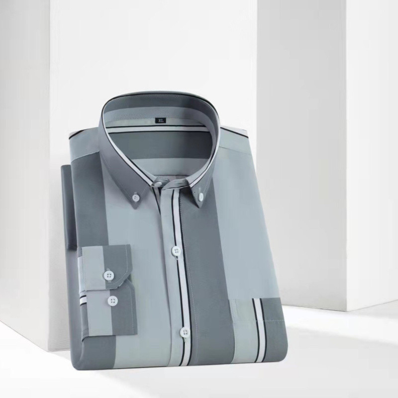 Summer Thin Long Sleeve Printed Striped Pocket Young Mens Trendy Casual Fashion Versatile Non-Iron Shirt