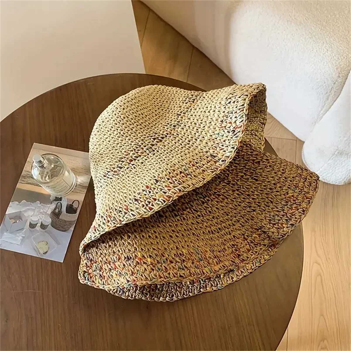 One Summer Hollowed-Out Sun Protection Hat Breathable and Not Stuffy Rainbow Seaside Vacation Style Wide Brim Woven Fisherman W250602