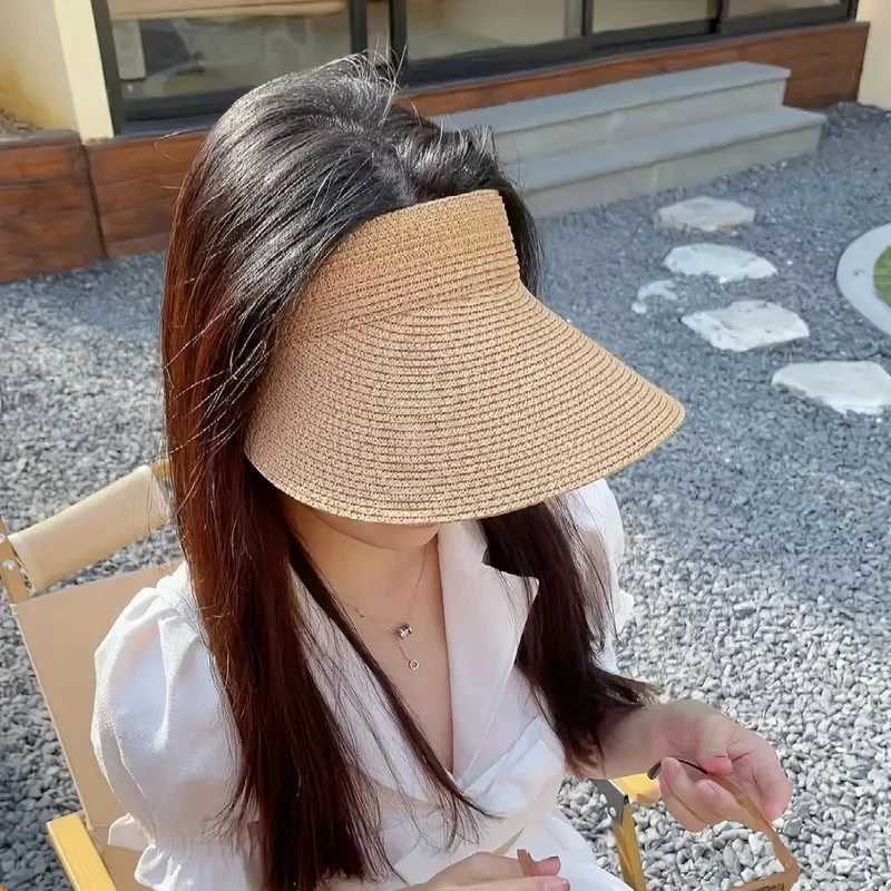 Women Summer Straw Visor Hat Breathable Wide Brim Sun Cap Golf Beach Foldable Duck Tongue Design with Neck Protection Sun Hat W250602