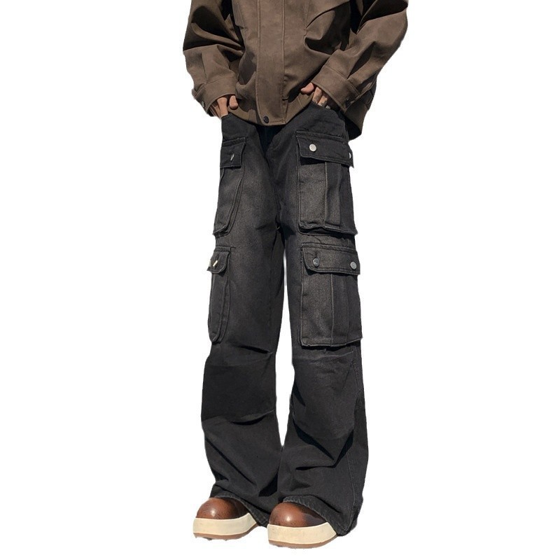 Gothic Retro Jeans for Men Wide Leg Straight Black Y2k Baggy Jeans Harajuku Hip Hop High Waist Denim Pants Streetwear 250107
