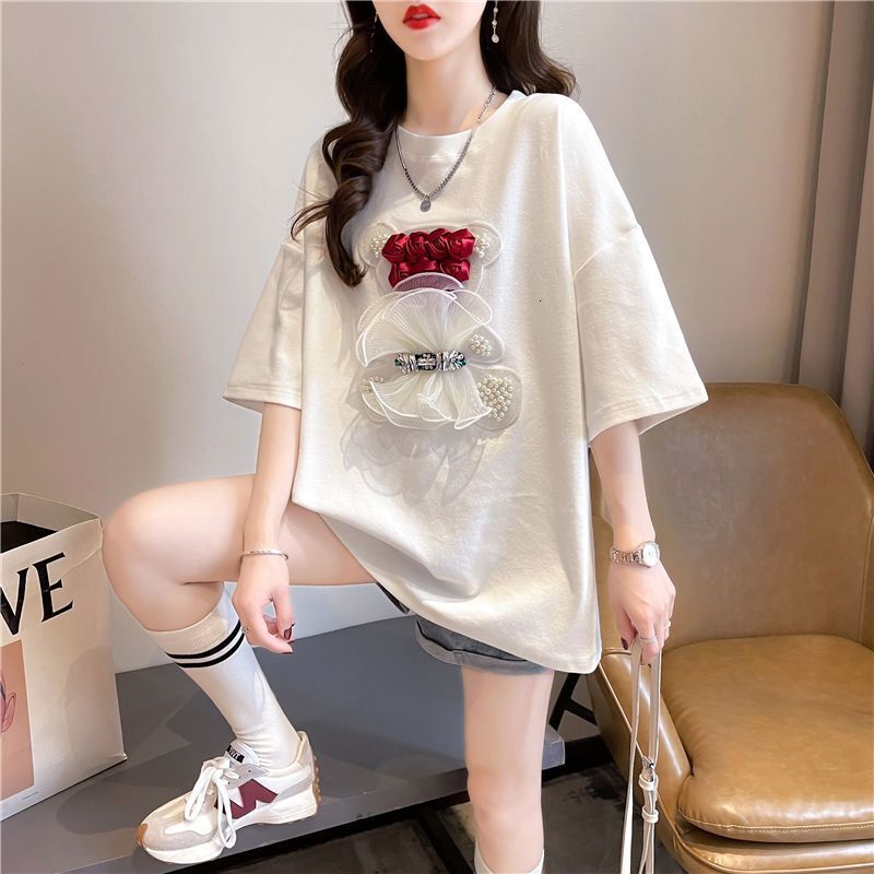 2025 new spring and summer T-shirt, sweet and thick bead embellishment, pure cotton women's short sleeved T-shirt, summer new loose designer mid 