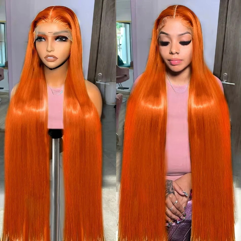 34 Inch Orange Ginger Lace Front Wigs Human Hair For Women Straight 13x4 13x6 Lace Frontal Wig 350 Colored Pre Plucked Synthetic