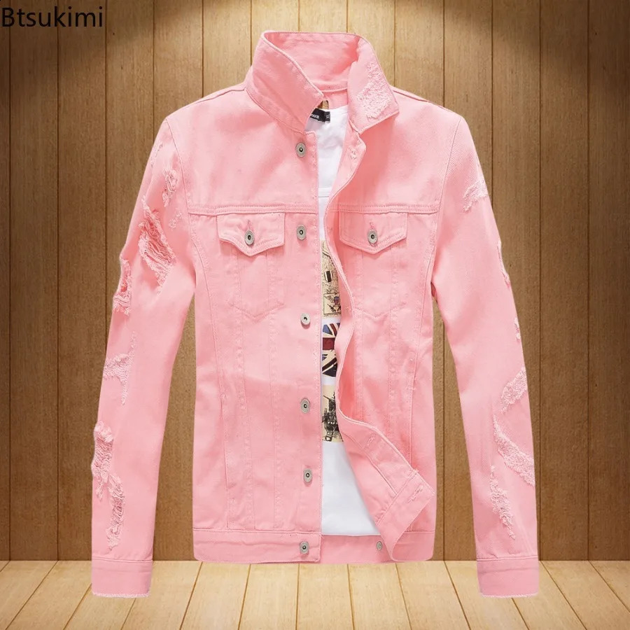Mens Fashion Jeans Jacket Solid Spring Autumn Long Sleeves Cotton Denim Jacket Men Casual Ripped Hole Jean Coats Male 250529