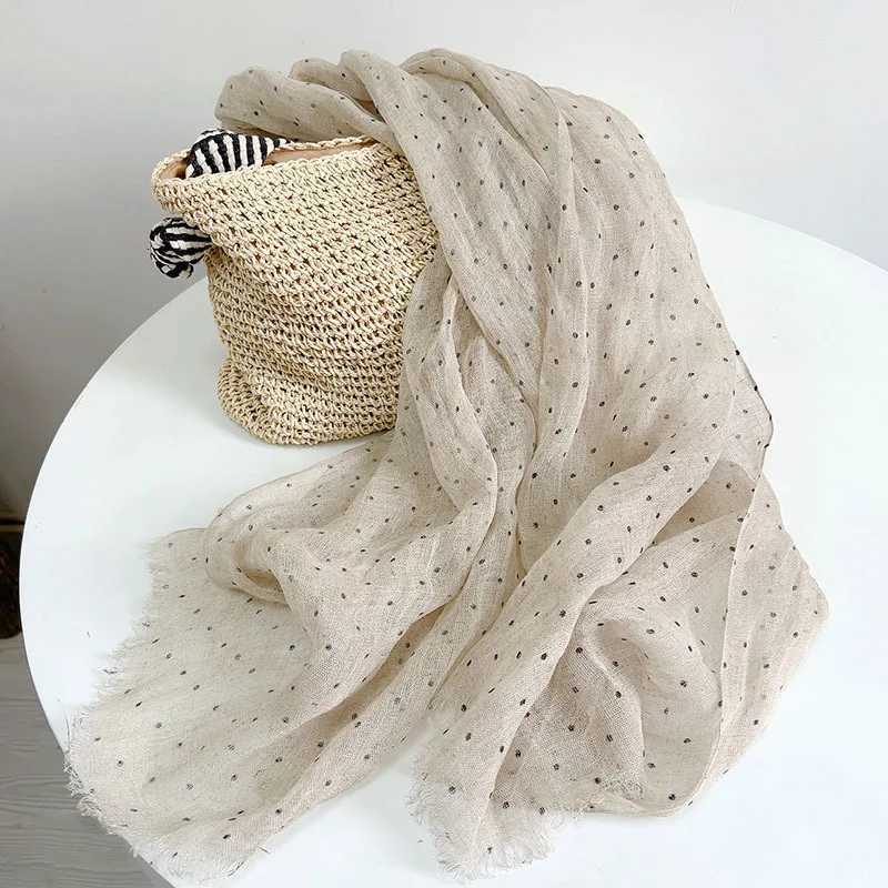 Pure Linen Soft Scarves Women Polka Dot Retro Design Scarf Summer Traveling Long Scarves Breathable Thin Shawl 65x180cm W250602