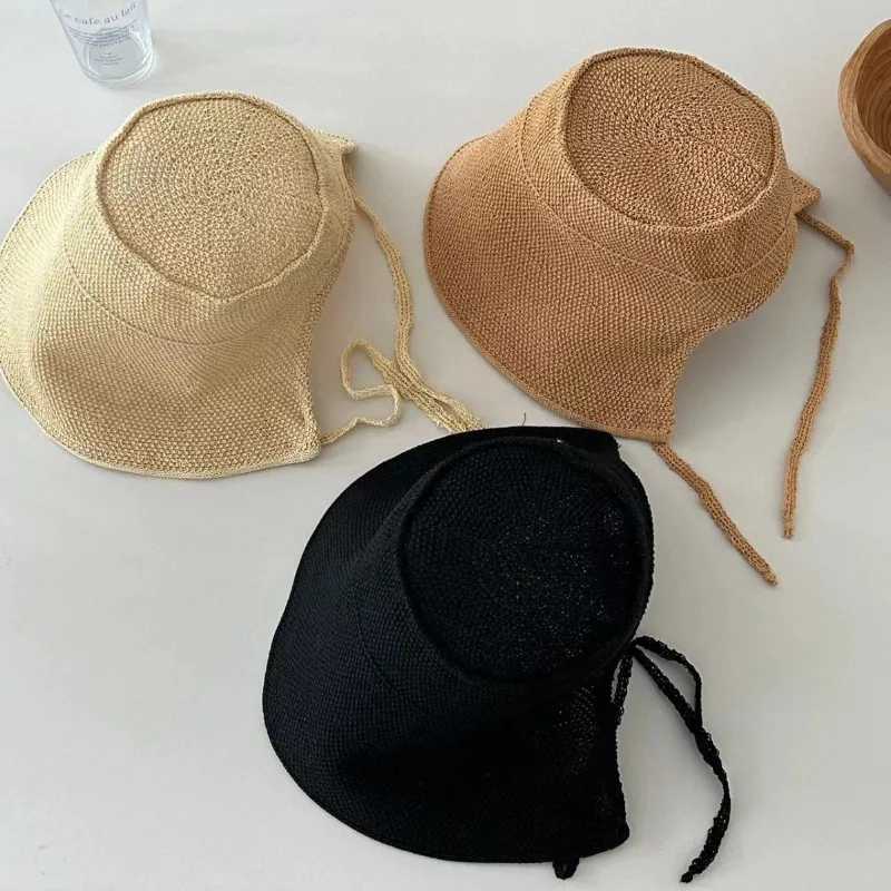 Korean Ins Solid Color Casual Versatile Cotton and Linen Loli Hat Spring and Summer French Flat Top Big Brim Bucket Hats Women W250602