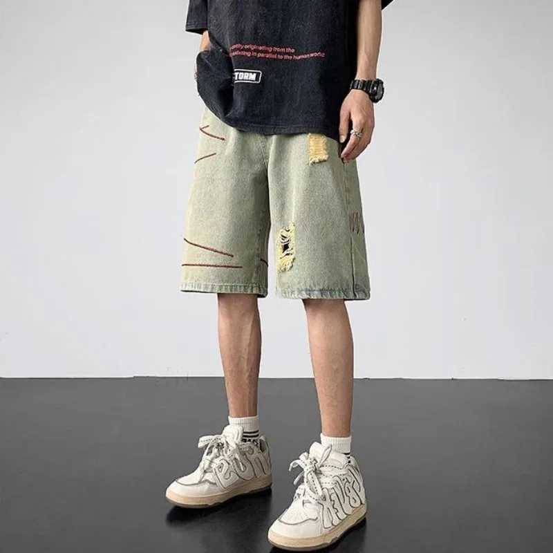 Blue Man Half Denim Shorts Baggy Ripped Short Jeans Pants for Men Vintage Popular XL Streetwear Summer Retro Distressed Designer T250603