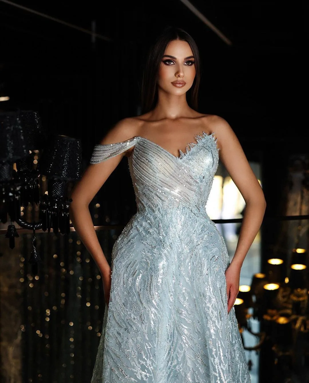 Fashion Evening Dresses Sequins One Shoulder A Line Party Banquet Dance Sleeveless Princess Party Prom Gowns Sweep Train Vestidos De Noche