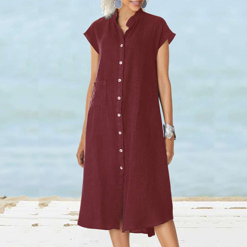 New Cardigan Stand Collar Single-Breasted Cotton Linen Pocket Plus Size Dress Slip B5