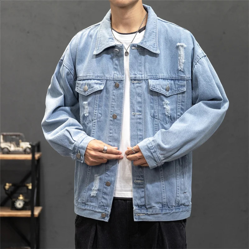 Spring Autumn Mens Denim Jacket Cotton Hole Jeans Jackets Men Coat Loose Casual Denim Streetwear Hip Hop Jean Jackets Coat 250529