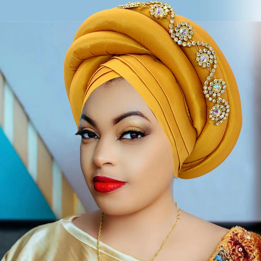 Twisted Braid Turban Cap for Women African Lady Head Wraps Diamonds Nigeria Raw Silk Autogele Headtie Muslim Hat Party Headwear 250530