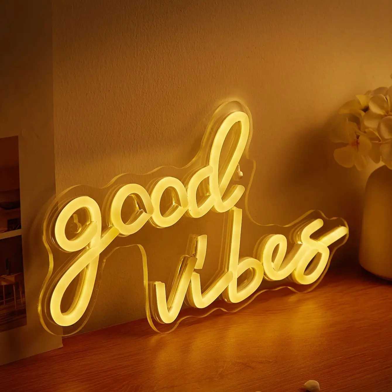 Chi-buy Good Vibes LED Neon Sign USB Powered Neon Signs Night Light 3D Wall Art Game Room Bedroom Living Room Decor Lamp Signs XJ250602