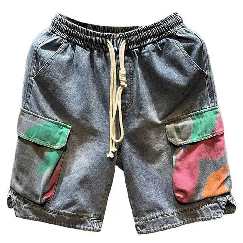 Mens Denim Shorts Multi Color Split Hip Hop Short Jeans Pants for Men Drawstring Streetwear Korean Fashion Blue Cut Original Sale T250603