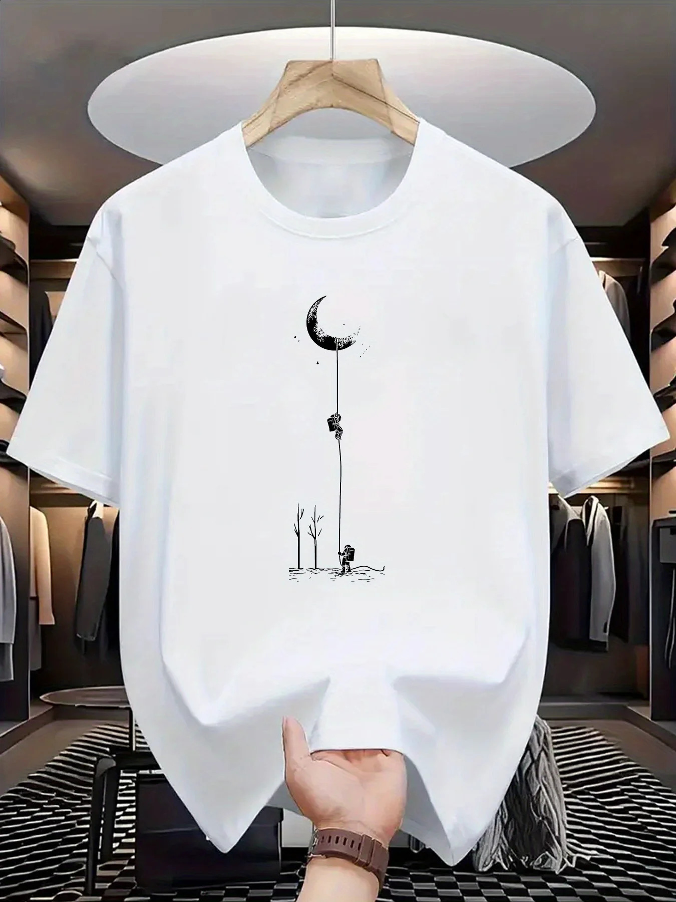 Summer Mens 100% Pure Cotton Casual Loose Fit Plus Size Moon Landing Pattern Printed Round Neck Short Sleeve T-shirt Top 250530