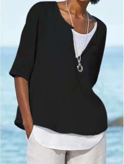 Spring Summer V-Neck Solid Color Cotton Linen Plus Size Mid-Sleeve Women's Shirt B5