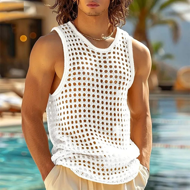 American Style Fashion Men Tops Vacation Hollow Out Mesh Vests Sexy Casual Sleeveless Tank S2XL 2025 Summer 250527