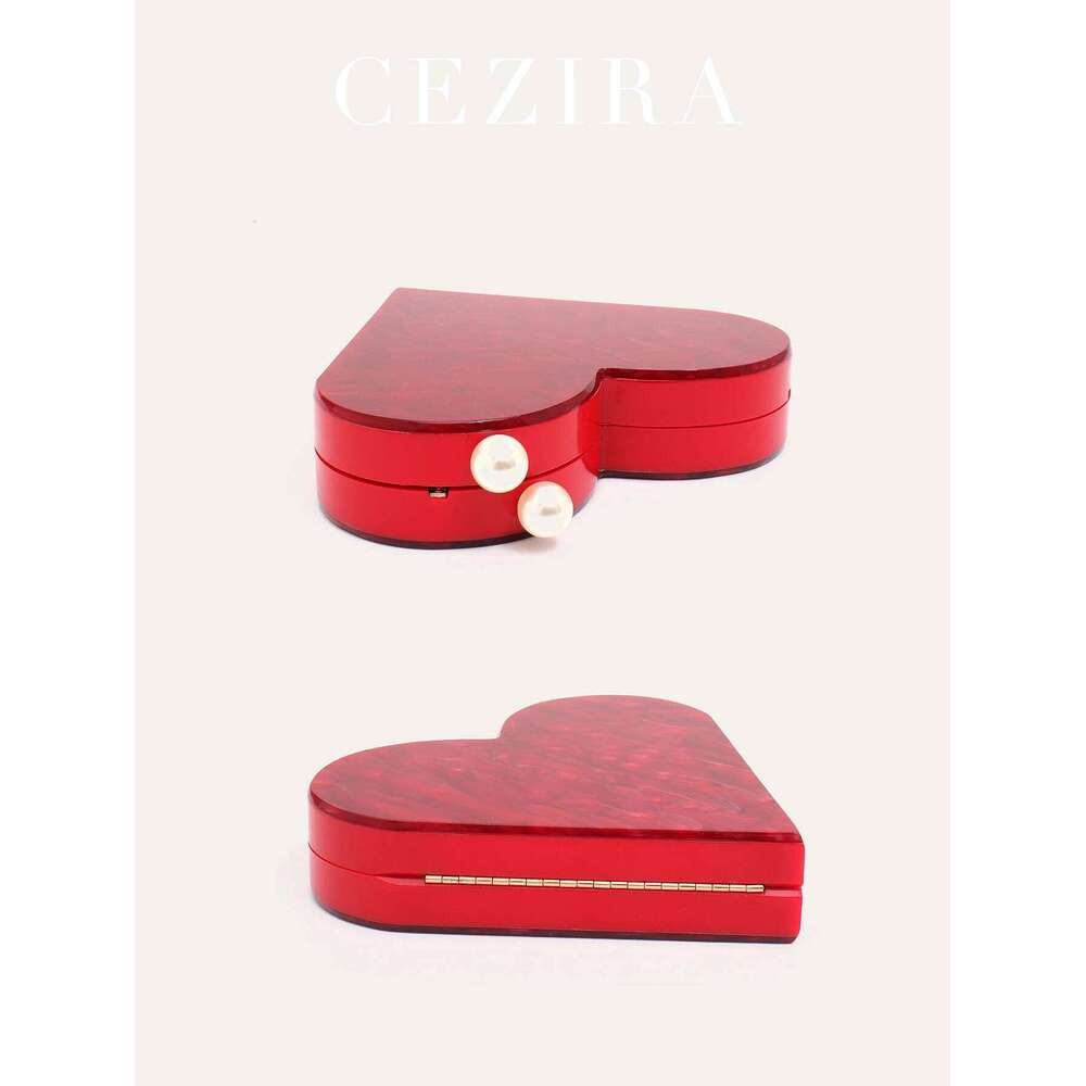 Red Heart CEZIRA Shaped Acrylic Clutch for Women Fashion Cute Pearls Decor Evening Bag Party Purse Valentine's Day Gift