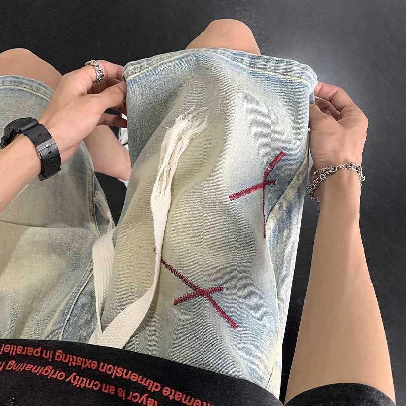 2025 Summer Mens Washed Embroidered Straight-leg Denim Shorts Y2K Vintage Drawstring Baggy Jorts High Street Fashion Short Jeans T250603