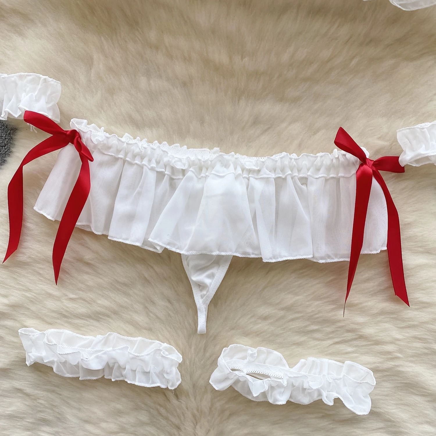 White Sweet Sexy Pajama Set Transparent Hollow Flying Sleeves Ruffled Crop Top Mini Pleated Skirt Hand And Leg Loops For Women 250603