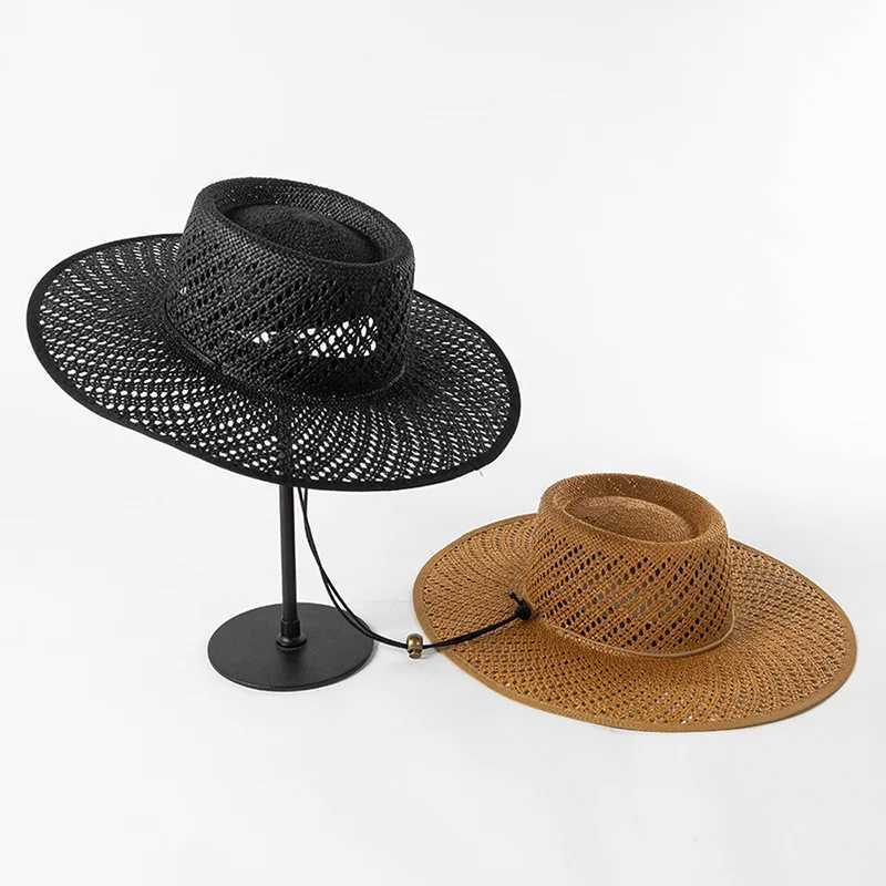New Designer Style Hollow Big Brim Beach Straw Hats For Women With Straps Fashion Design Summer Sun Hats Lady Panama Fedora Hat W250602
