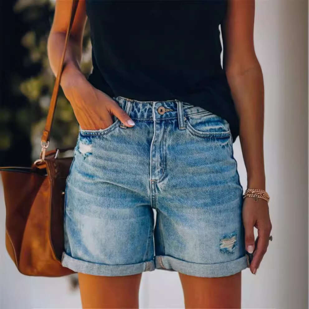 Denim Shorts Jeans Shorts Fashion Women Ladies Pocket Denim Shorts Ripped Short Jeans