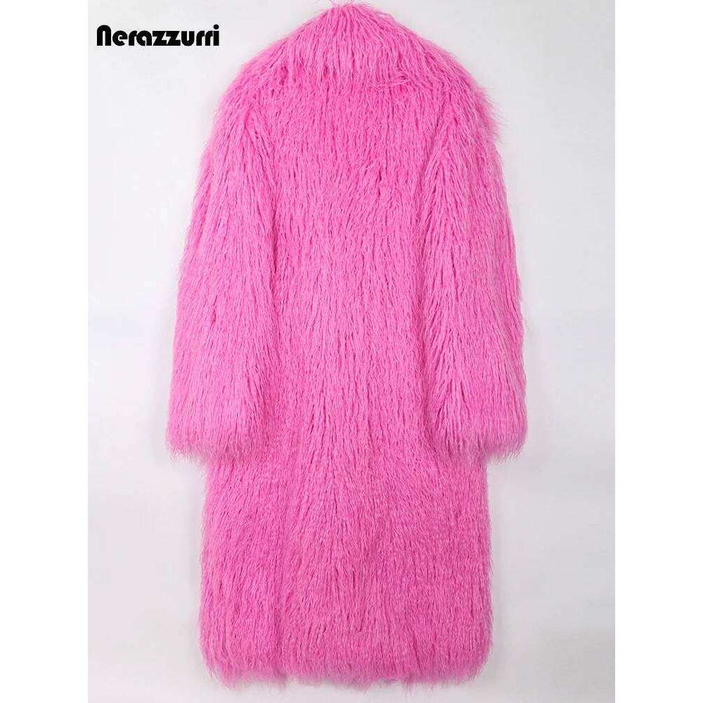 Nerazzurri Winter Long Bright Pink Oversized Shaggy Hairy Soft Fluffy Thick Warm Faux Fur Coat Women Lapel Runway Cute Fashion