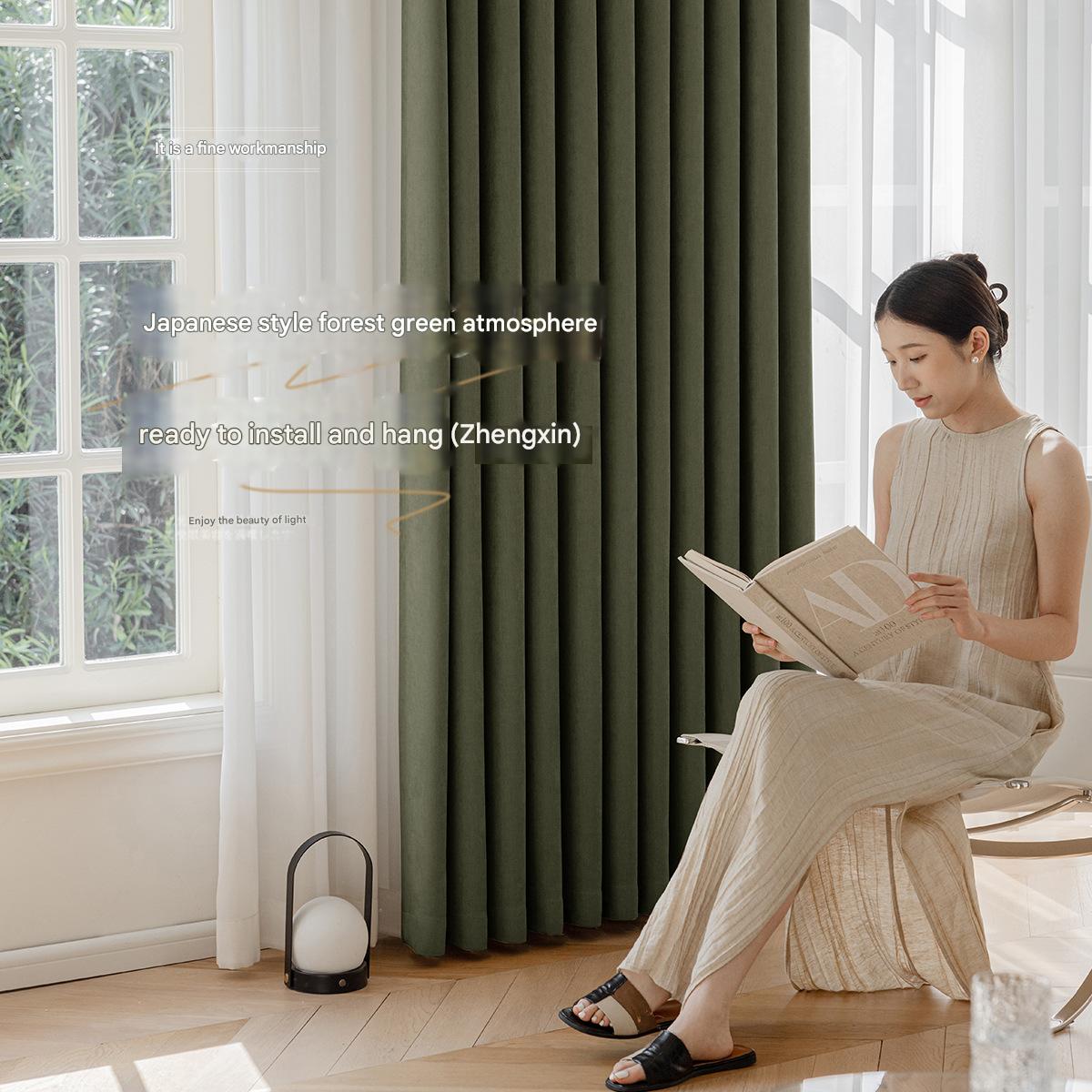A595 new mink chenille curtain blackout thickened Japanese style log full blackout living room bay window bedroom curtain wholesale