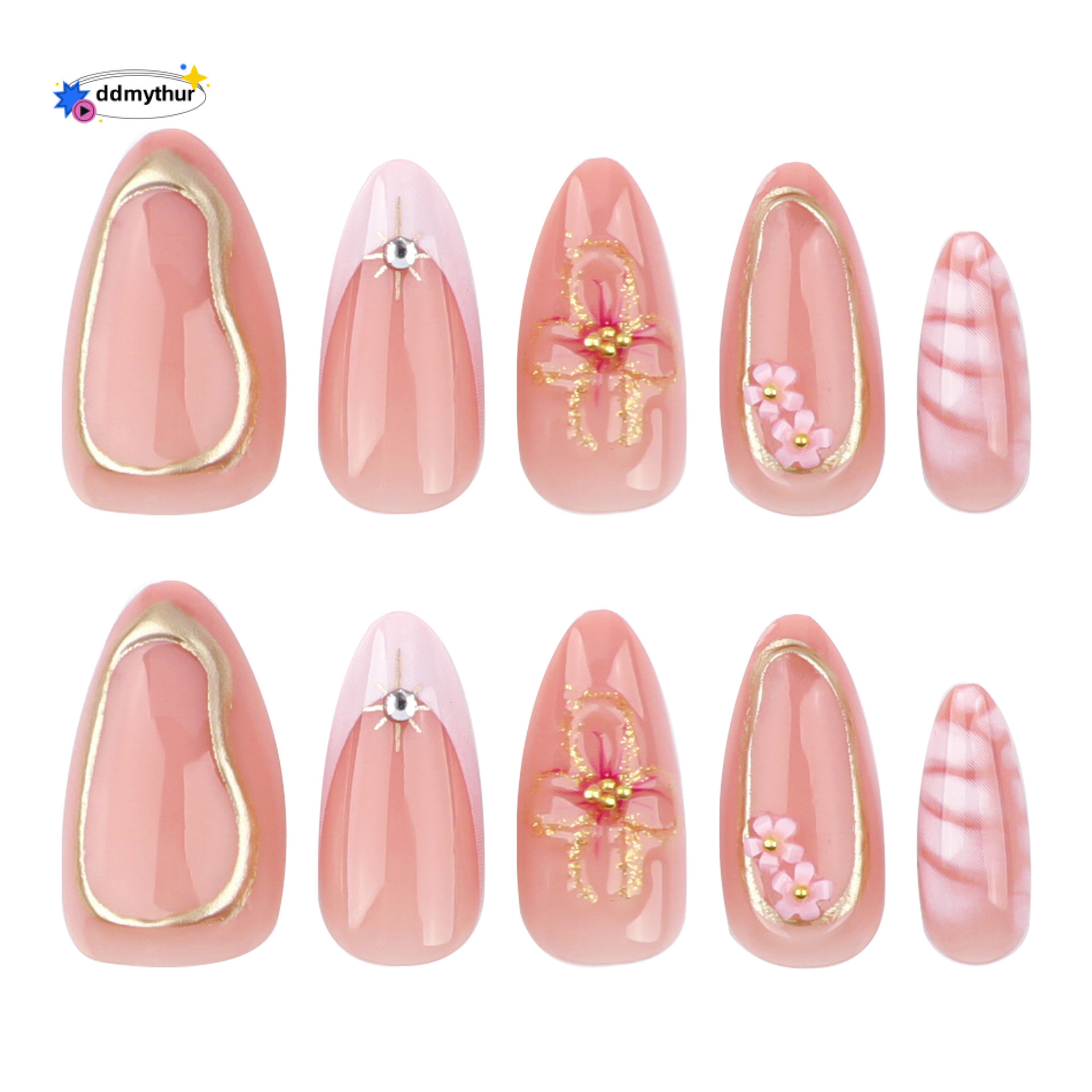 New Pink French Crocodile Pattern Art Detachable Nail Tips Glitter 3D Flower Fake Gold Foil Wearable Nails ddmythur