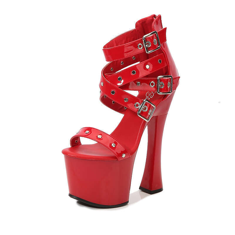 Super High Heels Studded Back Strap Roman Sandals High 17Cm Chunky Heel Summer Thick Sole Waterproof Platform Platform High Heels