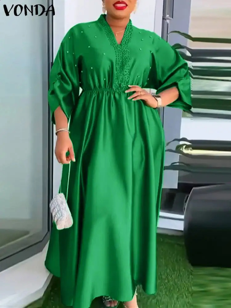 Plus Size VONDA Elegant Women Dress 2024 Vintage Three Quarter Sleeve Solid Color Sundress Sexy VNeck Loose Robe Vestidos 250526