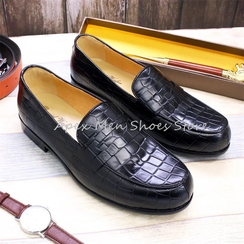 Vintage Pattern Cowhide Leather Loafers Blue Slip On Round Toe Dress Shoes Business Mens Casual Shiny Derby Shoes 250526