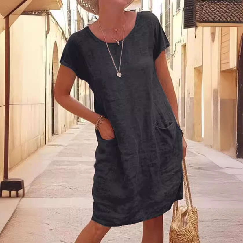 Summer Loose Solid Color Pocket Short Sleeve Round Neck Washed Cotton Linen Dress Women's Fashion B5