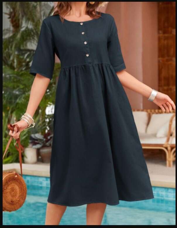 Spring Summer Cotton Linen Round Neck Loose Casual Solid Color Pocket Dress B5
