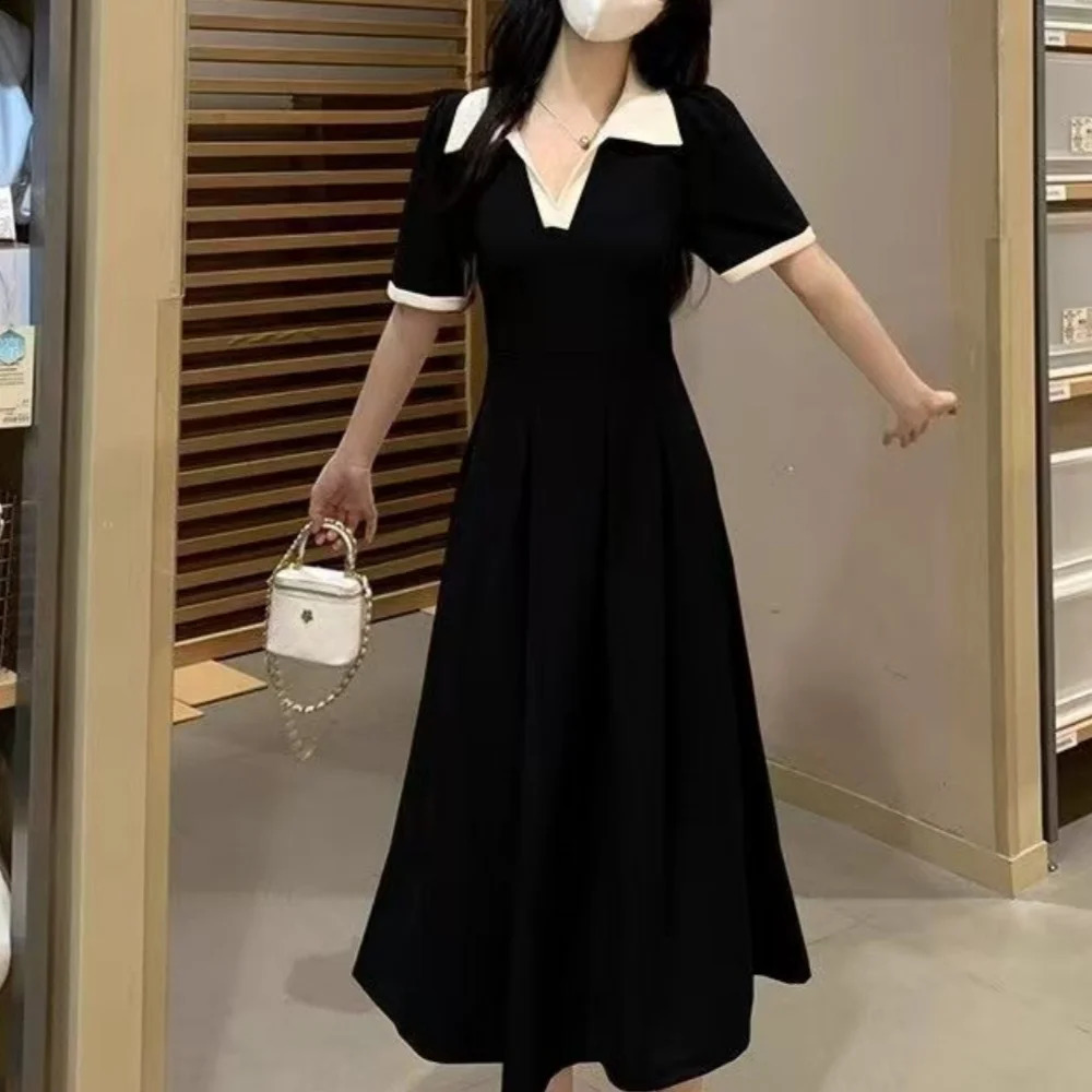 Chic Office Ladys Black Dress Plus Size Short Sleeve Midi Elegant Womens Loose ALine 2025 Korean 250526