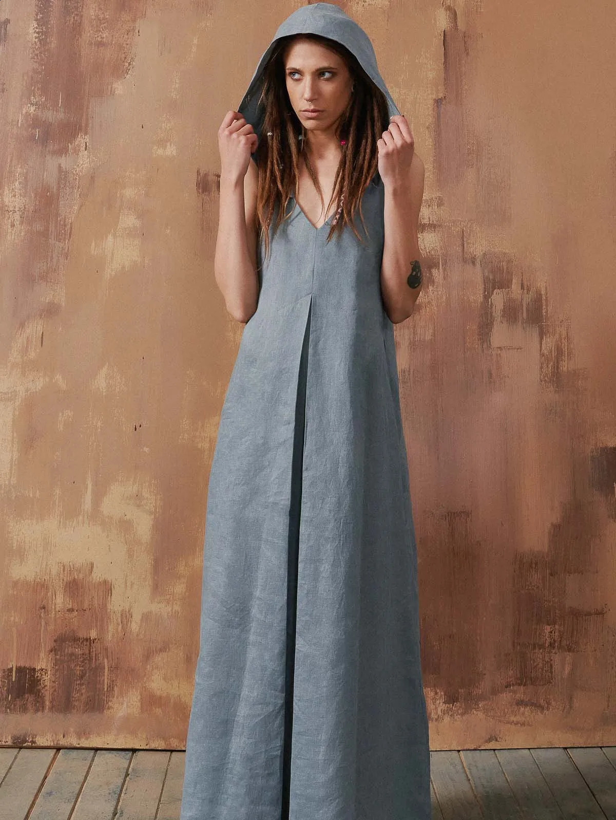Long Dresses for Women Casual Loose Summer Sleeveless Dresses Vintage Linen Front Pleat Maxi Dress with Hooded Pleated Vestidos 250529