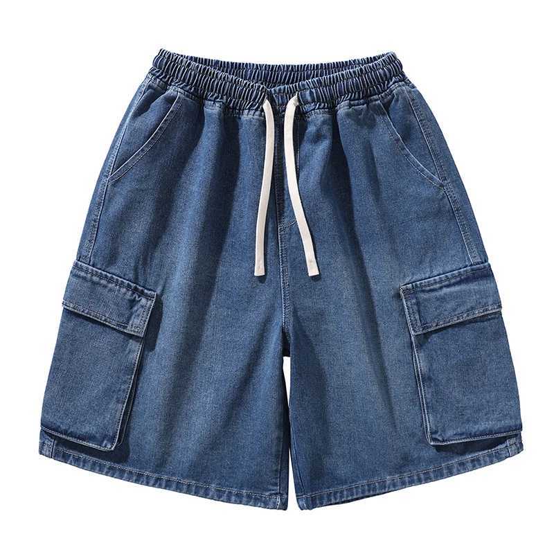 Summer Mens Cargo Denim Shorts Loose Retro Wide-leg Streetwear Fashion Pocket Design Korean Elastic Waist Short Jeans T250603