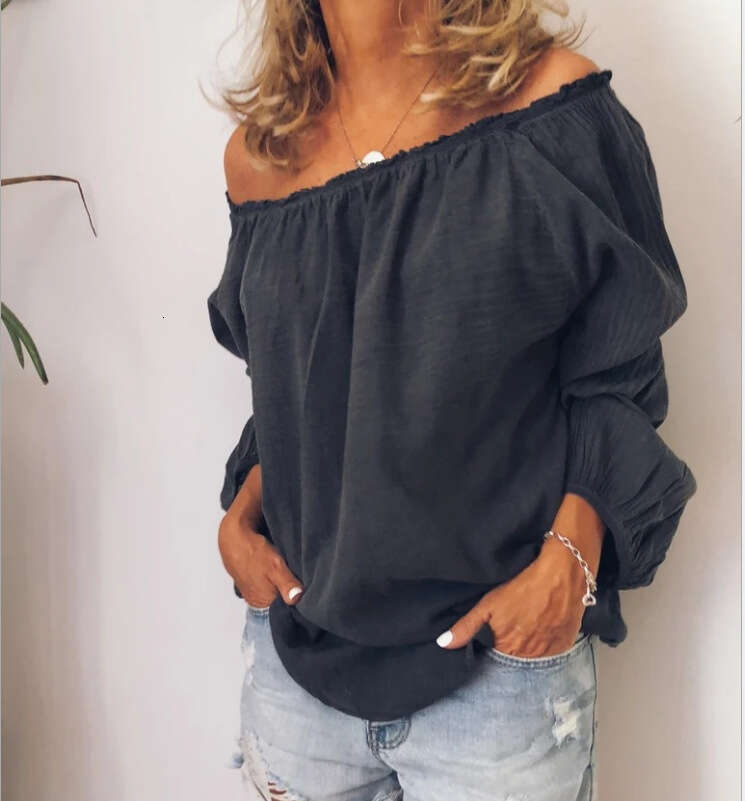 Autumn Winter Off-Shoulder Elastic Pleated Cotton Linen Solid Color Long Sleeve Women's Shirt B5