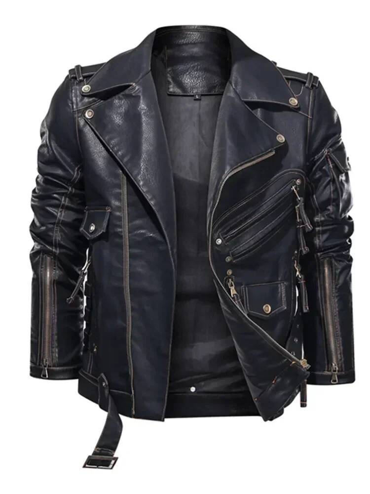 PLUS Size Coats Male Brand Winter Mens Fashion Motorcycle PU Cool Zipper Pockets Leather Jacket