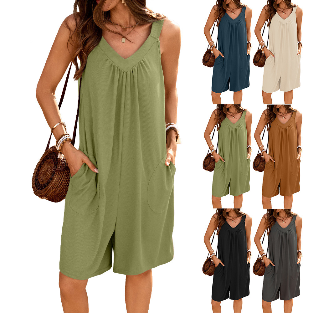 Luxury Designer Clothing European And American Summer Solid Color V-neck Loose Pocket Sleeveless Shorts Jumpsuit 2025 New Designer Dress