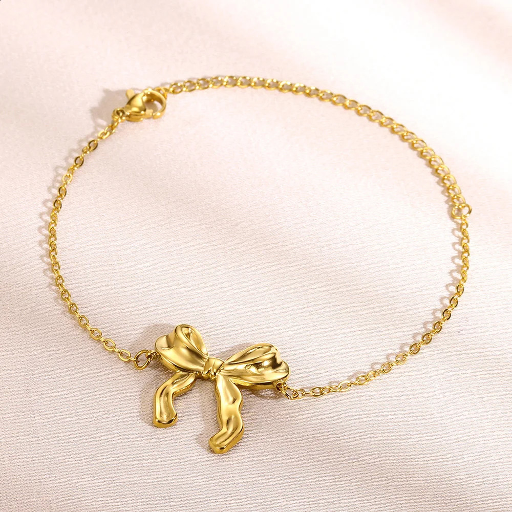 Gold color Stainless Steel Bracelets For Women Bowknot Bow Chain Bracelet Bangle Water Resistant Metal Statement Fashion Jewelry 250528