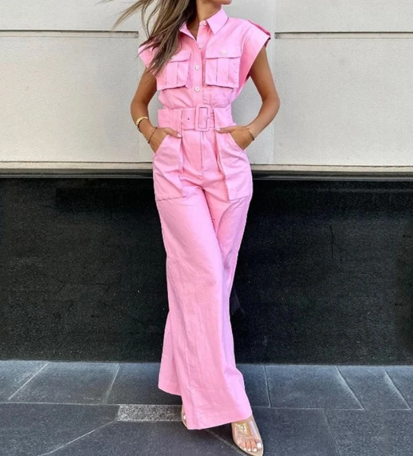 pink Y2K Jumpsuit for Women Autumn Fashion Casual Solid Color Polo Pocket Long Jumpsuit Temperament Commuting 250603