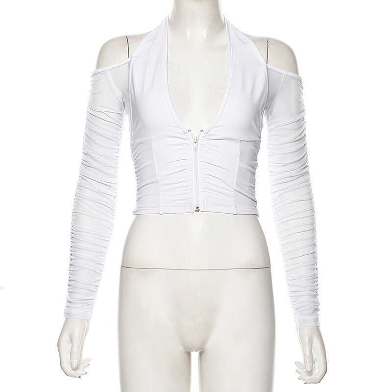 Autumn New Mesh Long Sleeve Halter Neck Off-Shoulder Cardigan Backless Slim Fit Short T-Shirt For Women B5