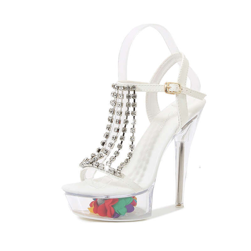Super High Heels Runway Sexy Crystal Super High Heels Sandals Transparent Flower Waterproof Platform Chain Tassel Rhinestone Women's Shoes Platfo