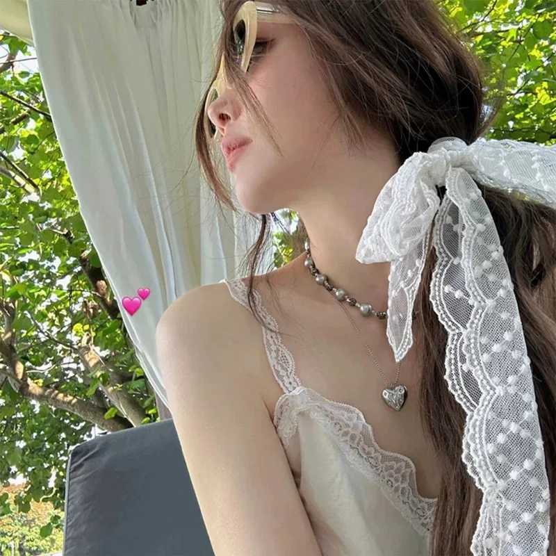Korean Lace Narrow Scarf for Women Sweet Bowknot Headband 130cm White Embroidery Hair Scarf Soft Ribbon Female Hair Accessories W250602