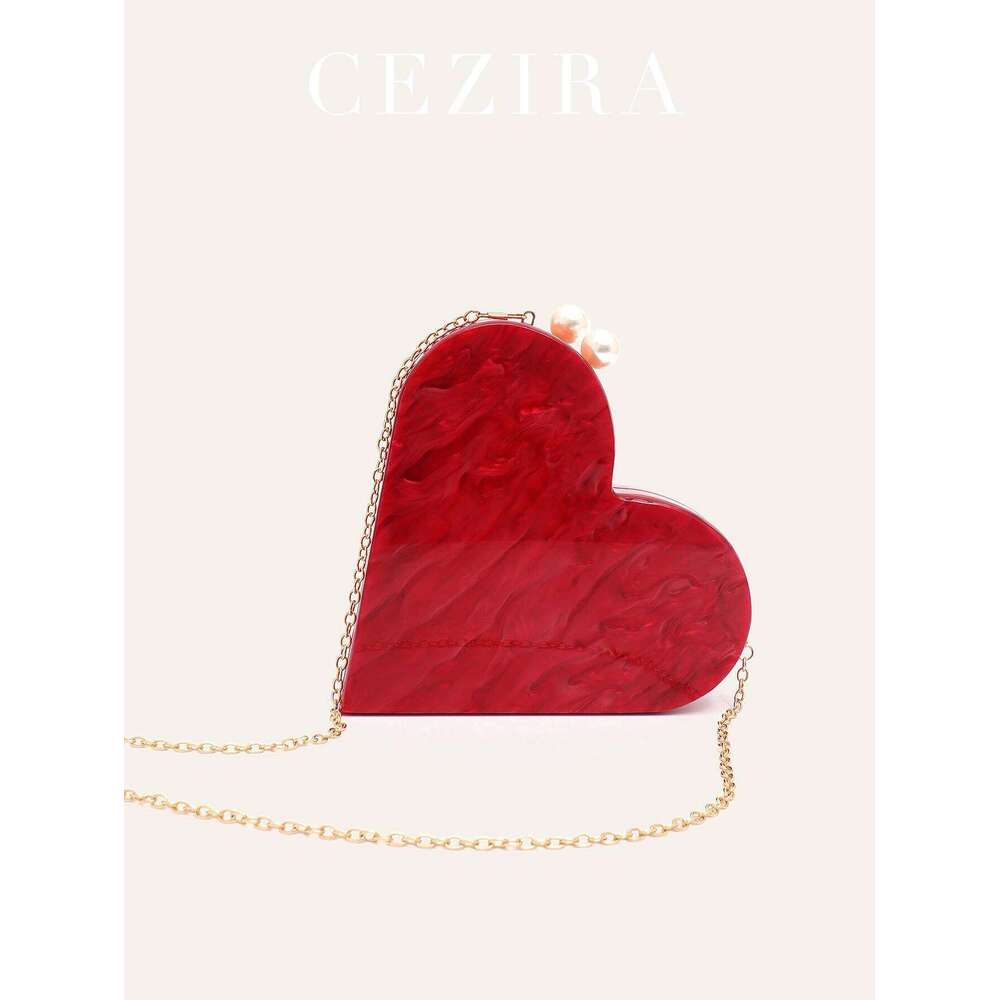 Red Heart CEZIRA Shaped Acrylic Clutch for Women Fashion Cute Pearls Decor Evening Bag Party Purse Valentine's Day Gift