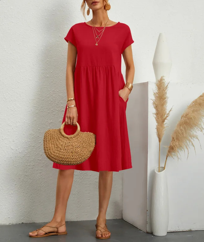 Cotton Linen Dress For Women Summer Casual Splicing Pocket Dresses Vestido Fashion Female Clothing Short Sleeve Loose Midi Dress 250529