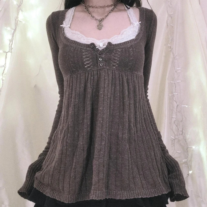 2000s Vintage Long Sleeve Babydoll Knitted Sweater Tops Cottage Milkmaid Pullovers Aesthetic Grunge Y2k Knitwear T-shirts Women 250529