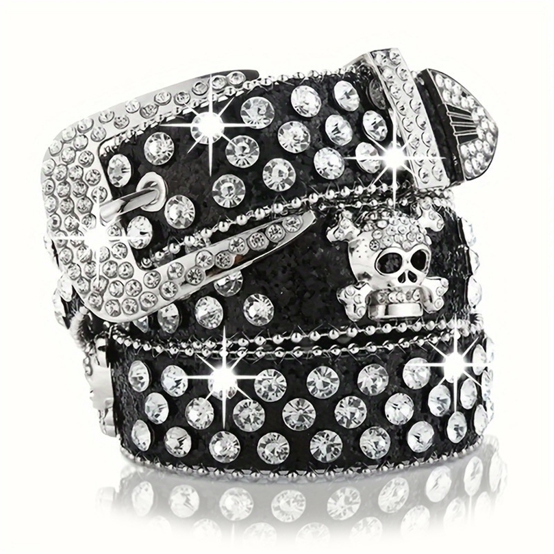 Rhinestone Belt Western Belts Y2k Cowboy Cowgirl Studded Belt Goth Emo Skull Sequin PU Belt for Women Jeans Pants Black and Red 250603