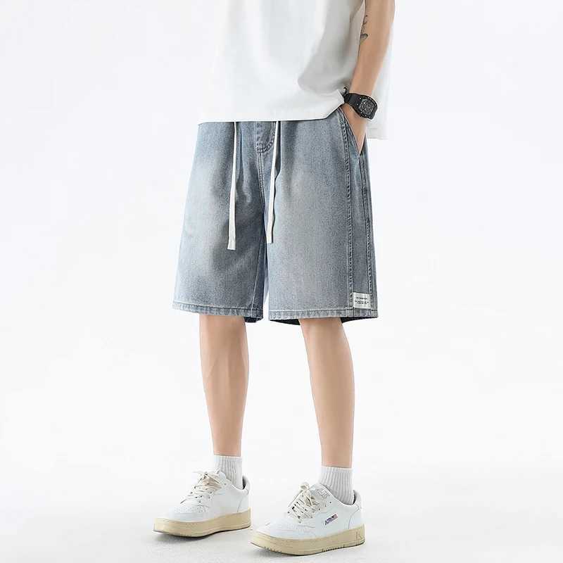 Summer Thin Baggy Mens Denim Shorts Streetwear Fashion Drawstring Loose Casual Wide Leg Knee-Length Short Jeans Retro Blue T250603