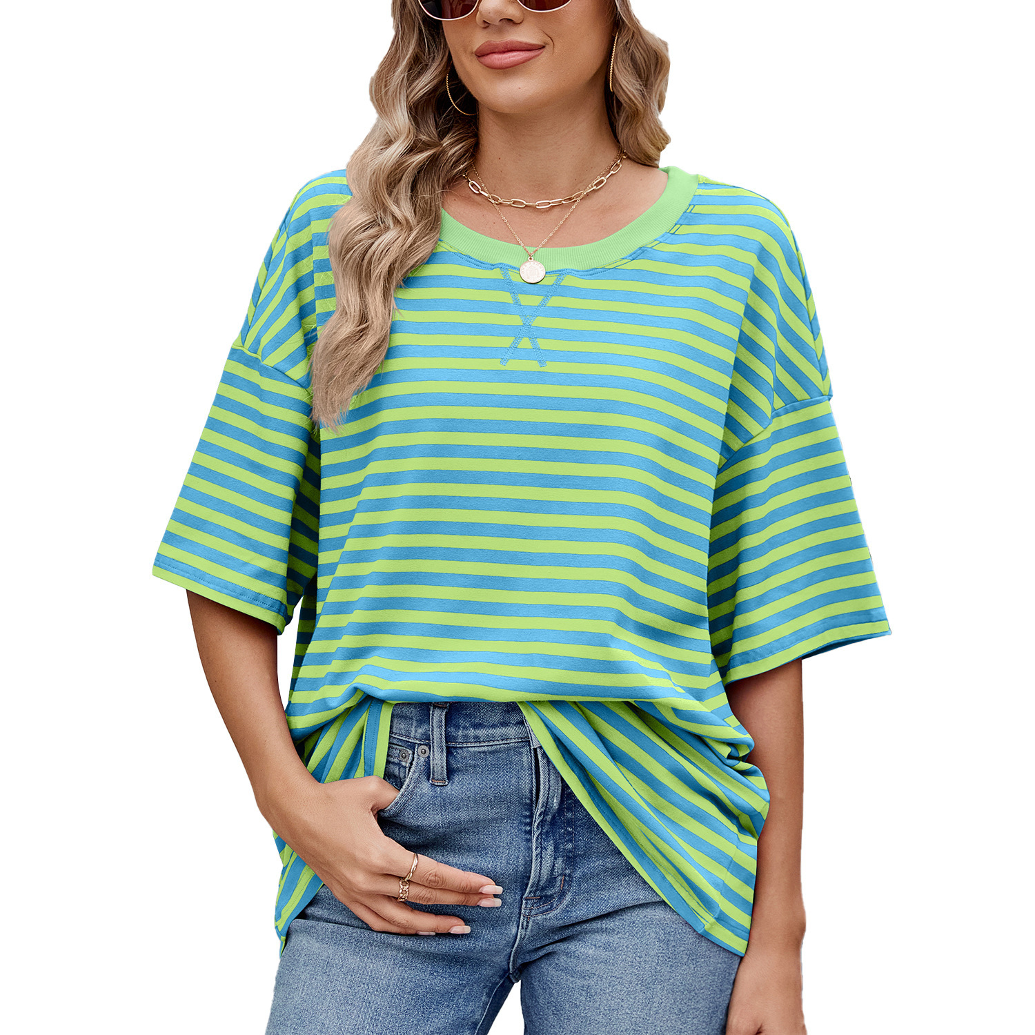Luxury Designer Clothing, Fashionable Striped Color Block Loose Short Sleeved Women's T-shirt Top In Stock 2025 New Designer Short Sleeved Shirt