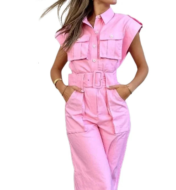 pink Y2K Jumpsuit for Women Autumn Fashion Casual Solid Color Polo Pocket Long Jumpsuit Temperament Commuting 250603